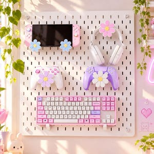 Pastellfärgade Gamer Pegboard-tillbehör 3D-tryckta, blommiga handkontroll- och hörlurshållare, Gaming Setup Organizer, Gamer Girl IKEA SKÅDIS PEGBOARD