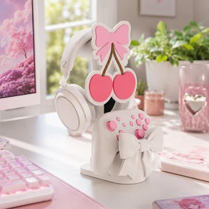 Soporte para mando y auriculares con forma de arco de cereza, decoración de escritorio para gamers kawaii, accesorio para videojuegos, bonito regalo para gamers impreso en 3D