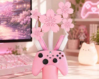 Pink Sakura Headset and Controller Stand, 3D Printed Gaming Desk Organizer