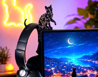 Cat Headphone Holder for Monitor, 3D Printed Headset Hook, Cute Desk Organizer, Gaming Setup Accessory, Gift for Cat Lovers