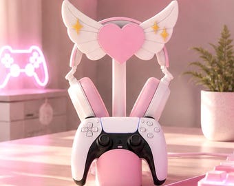 Magical Winged Heart Headphone Stand | Cute Controller Holder for PS5 Xbox | Kawaii Gaming Desk Decor | 3D Printed Anime Aesthetic Gift