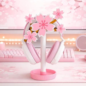 Support pour manette rose Sakura pour casque d'écoute | Support pour casque d'écoute en fleurs de cerisier | Joli organiseur de bureau | Configuration de jeu Kawaii | Cadeau imprimé en 3D