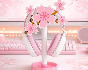 Sakura Cherry Blossom Headphone Stand Controller Holder 3D Printed, Kawaii Pink Gaming Setup, Aesthetic Desk Accessory, Gift for Gamer Girl