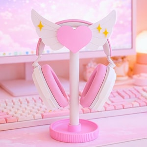 Hörlursställ med 3D-utskrivet bevingat hjärta | Söt skrivbordsorganisatör | Hållare för AirPods och gamingheadset | Kawaii present, dekoration för speluppsättning
