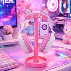 Personalized Kitty Ears Headphone Stand | Custom Gamer Headset Holder, 3D Printed Desk Decor