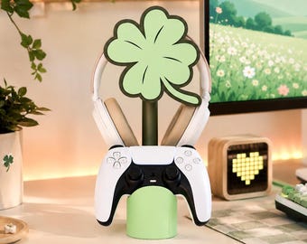 Shamrock Headphone Stand, 3D Printed Gaming Headset Holder, Clover Desk Organizer, Lucky Irish Desk Decor, Gamer Gift