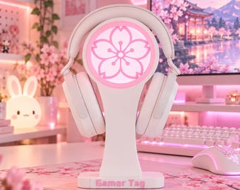 Supporto personalizzato per cuffie e controller a LED, supporto per cuffie da gaming Sakura, decorazione da scrivania personalizzata con nome per gamer girl, regalo per lei