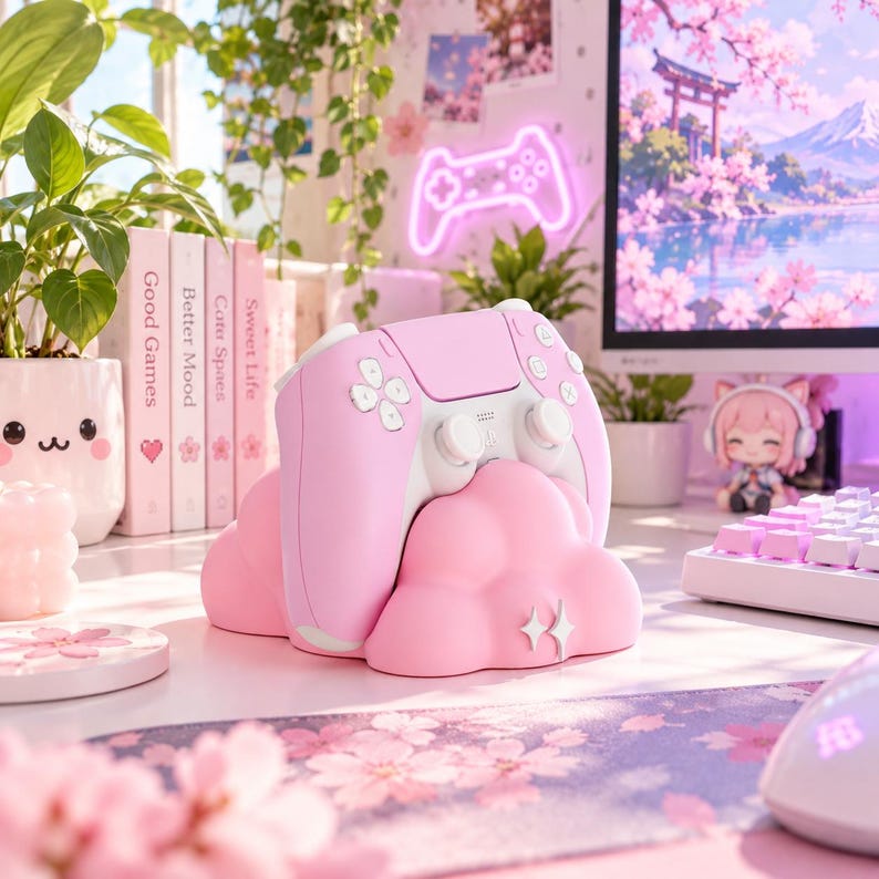 Pode incluir: Um suporte para comando de jogos em forma de nuvem rosa segurando um comando sem fios rosa e branco. O suporte apresenta um pequeno &iacute;cone de brilho branco na frente. O comando tem joysticks, bot&otilde;es e um painel t&aacute;til na cor branca.