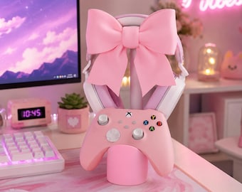 Bow Headphone and Controller Stand with Phone Holder, 3-in-1 Gaming Desk Organizer, Cute Bow Decor