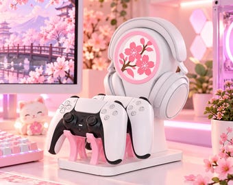 Regalo personalizzato per gamer, supporto per cuffie e controller, accessorio da scrivania da gaming con LED Sakura, porta nome personalizzato, decorazione per gamer girl