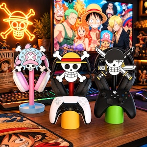 Conjunto de suporte para controle da tripulação do Chapéu de Palha de One Piece – Organizador de mesa para jogos de anime, suporte para fones de ouvido, presente para gamers impresso em 3D, Chapéus de Palha de anime