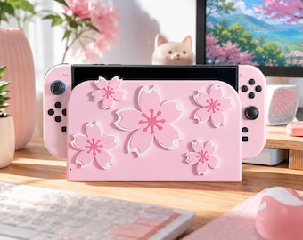 Nintendo Switch Dock Sakura Cover 3D Printed, Pastel Sakura Cherry Blossom Gaming Decor