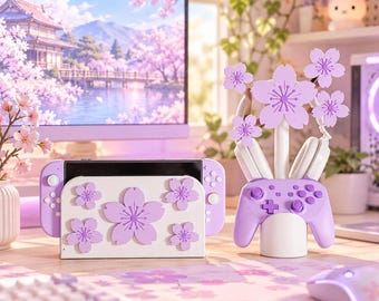 Sakura Gaming Desk Accessories Set 3D Printed, Cherry Blossom Headphone Stand, Controller Holder & Switch Dock Cover, Gamer Decor