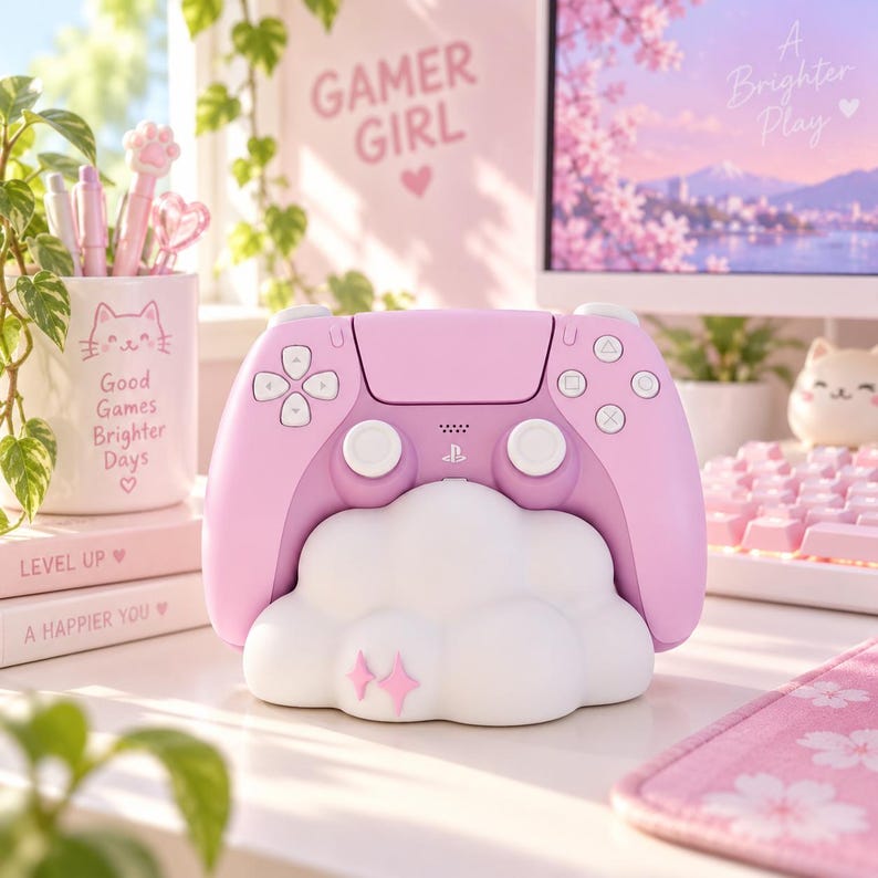 Pode incluir: Um comando de jogo sem fios cor-de-rosa pastel pousado numa base de carregamento branca em forma de nuvem. A base apresenta dois pequenos &iacute;cones de estrelas cor-de-rosa na parte frontal. O comando tem joysticks, D-pad e bot&otilde;es brancos.