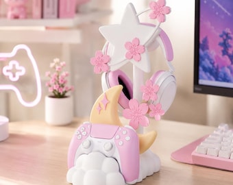Headphone Stand & Controller Holder – Sakura Celestial Kawaii Gaming Desk Decor, Pink Gamer Girl Setup, 3D Printed Gift