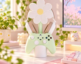 Pink Flower Controller Headphone Stand, 3D Printed Gamer Desk Organizer, Kawaii Gaming Decor