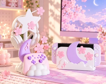 Moon & Cloud Controller Stand, Sakura Gaming Desk Decor, Pastel 3D Printed Gamepad Holder