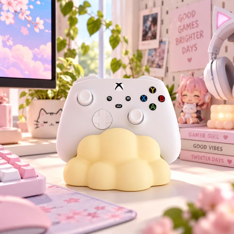 Pode incluir: Um comando de jogo sem fios branco sobre um suporte em forma de nuvem amarelo-p&aacute;lido. O comando apresenta uma disposi&ccedil;&atilde;o de bot&otilde;es padr&atilde;o com um log&oacute;tipo Xbox preto, um D-pad, dois man&iacute;pulos anal&oacute;gicos e quatro bot&otilde;es de a&ccedil;&atilde;o A, B, X e Y.