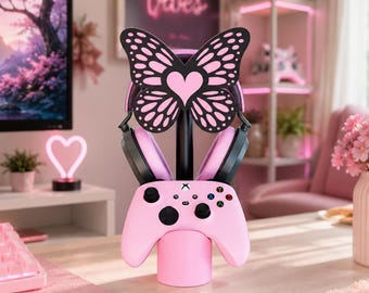 Butterfly Heart Headset Stand & Controller Holder for PS5 Xbox Switch | Cute Pink Gaming Desk Decor | 3D Printed Gamer Girl Gift Accessory
