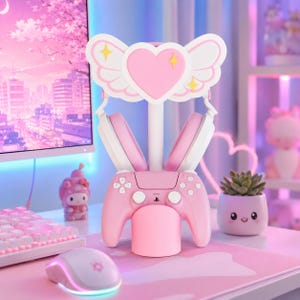 Support pour casque audio Cœur et Ailes | Support pour téléphone | Support kawaii pour manettes PS5 et Xbox | Décoration de bureau pour gameuse | Accessoires de jeu imprimés en 3D