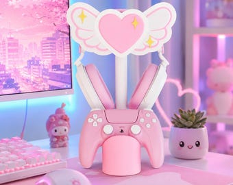 Heart & Wings Headphone Stand | Phone Holder | Kawaii Controller Holder PS5 Xbox | Gamer Girl Desk Decor | 3D Printed Gaming Accessories