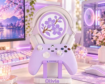 Personalized Gamer Gift, Headphone & Controller Stand, Sakura LED Gaming Desk Accessory, Custom Name Holder, Gamer Girl Decor