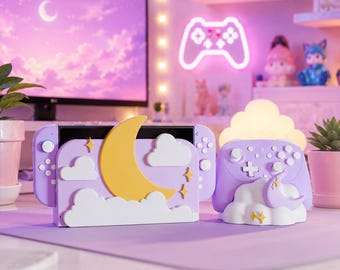 Pastel Pink Celestial Switch Dock Cover & Controller Stand: Moon, Cloud, Star Gamer Desk Decor