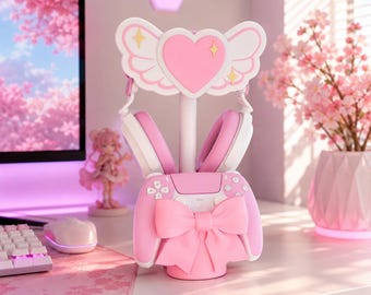 Heart & Wings Headphone Stand | Phone Holder | Kawaii Controller Holder PS5 Xbox | Gamer Girl Desk Decor | 3D Printed Gaming Accessories