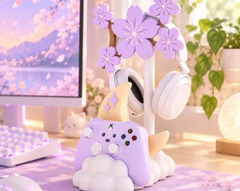Sakura and Moon Headphone & Controller Stand, Pink Gaming Decor 3D Printed