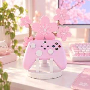 May include: A light pink video game controller resting on a white circular stand. The stand features a decorative cutout of light pink cherry blossom flowers with brown branches extending upward behind the controller. The controller has white joysticks.