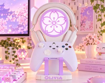 Personalized LED Headphone & Controller Stand, Sakura Gaming Headset Holder, Custom Name Gamer Girl Desk Decor, Gaming Gift for Her
