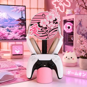 Sakura hörlurs- och kontrollstativ, headsethållare 3D-utskriven, japansk speldekoration, körsbärsblomspresent till gamer