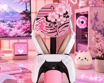 Sakura Headphone and Controller Stand,Headset Holder 3D Printed, Japanese Gaming Desk Decor, Cherry Blossom Gamer Gift