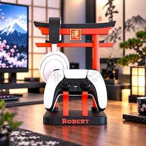 Soporte personalizado para auriculares de juego con diseño japonés Torii, soporte para mando impreso en 3D, organizador de escritorio para gamers, expositor para auriculares de PS5 y Xbox.