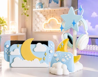 Nintendo Switch Dock Cover Set,  Pastel Moon & Star Controller and Headphone Stand