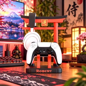 Suporte personalizado para fone de ouvido gamer em formato Torii japonês, suporte para controle impresso em 3D, organizador de mesa gamer, expositor para fone de ouvido PS5 e Xbox.