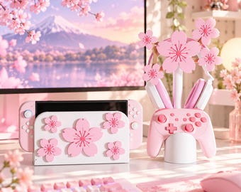 Set di accessori da scrivania per gaming Sakura stampati in 3D, supporto per cuffie a forma di fiore di ciliegio, supporto per controller e copertura per dock Switch, decorazione per gamer.