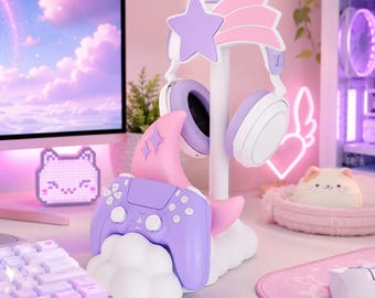 Headphone Stand with Controller Holder 3D Printed, Moon & Star Gaming Desk Decor, Kawaii Gamer Girl Setup
