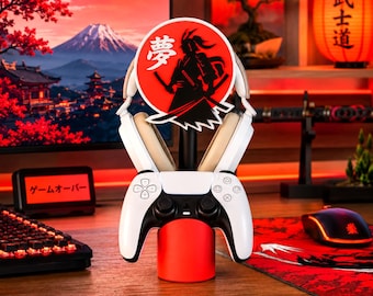 Samurai Headphone Stand, 3D Printed Headset Holder, Japanese Gaming Desk Decor, Red Black Gamer Setup, Controller Stand Gift