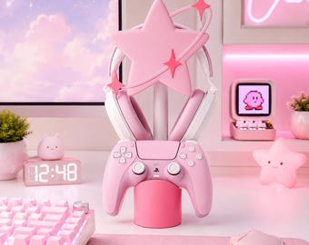 Kawaii Star Headphone Stand, 3D Printed Gaming Headset & Controller Holder, Phone Holder,  Pastel Desk Decor Gift