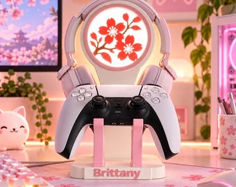 Personalized Gamer Gift, Headphone & Controller Stand, Sakura LED Gaming Desk Accessory, Custom Name Holder, Gamer Girl Decor