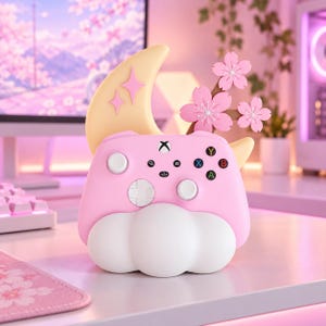 Soporte para mando, decoración de escritorio para juegos con diseño de luna y flor de cerezo rosa impresa en 3D, linda configuración para gamers, organizador de gamers, regalo kawaii para gamers