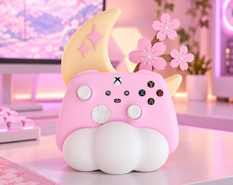 Controller Holder Stand, Pink Sakura Moon Gaming Desk Decor 3D Printed, Cute Gamer Girl Setup, Gamepad Organizer, Kawaii Gamer Gift