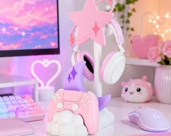Star Moon Headphone and Controller Stand, 3D Printed Gaming Desk Organizer