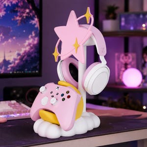 星月デザインのヘッドホン＆コントローラースタンド、3Dプリント製ゲーミングデスクオーガナイザー
