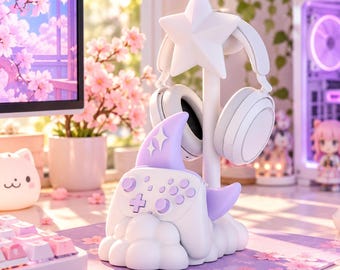 Headphone Stand with Controller Holder, Star and Moon Gaming Desk Decor 3D Printed
