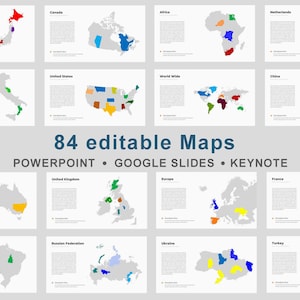 Könnte beinhalten: Eine Sammlung von 84 bearbeitbaren Karten, darunter Weltkarten und Karten einzelner Länder, mit farbigen Markierungen. Der Text "84 editable Maps" wird zusammen mit "POWERPOINT", "GOOGLE SLIDES" und "KEYNOTE" angezeigt.