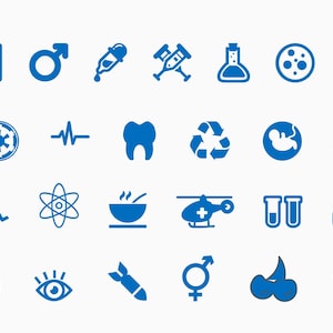 May include: A collection of blue medical and health-related icons on a white background. The icons include a scalpel, pills, male symbol, dropper, crutches, test tube, and more, representing various medical concepts.