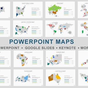 Könnte beinhalten: Eine Sammlung von PowerPoint-Kartenvorlagen, darunter Weltkarten und Karten einzelner Länder. Jede Karte ist farbcodiert und mit dem Ländernamen beschriftet. Der Text "POWERPOINT MAPS" wird zusammen mit kompatibler Software angezeigt.