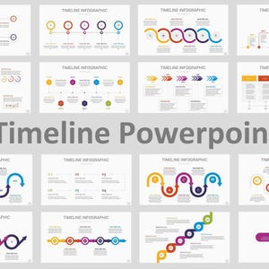 May include: A collection of PowerPoint timeline infographic templates in various designs. The designs include circular, linear, and step-by-step layouts, with color-coded elements and the text "Timeline Powerpoint".